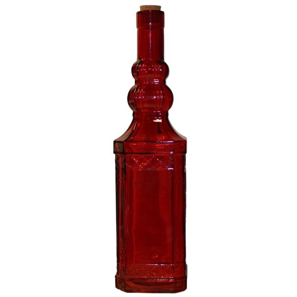 Vtg Ruby Red Glass Decanter w/Cork Stopper/Raised Design Holiday Bottle/Vase - Picture 7 of 7